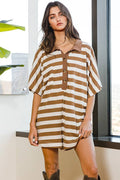 R5185-2 Stripe Print Airflow Collared Oversize Romper