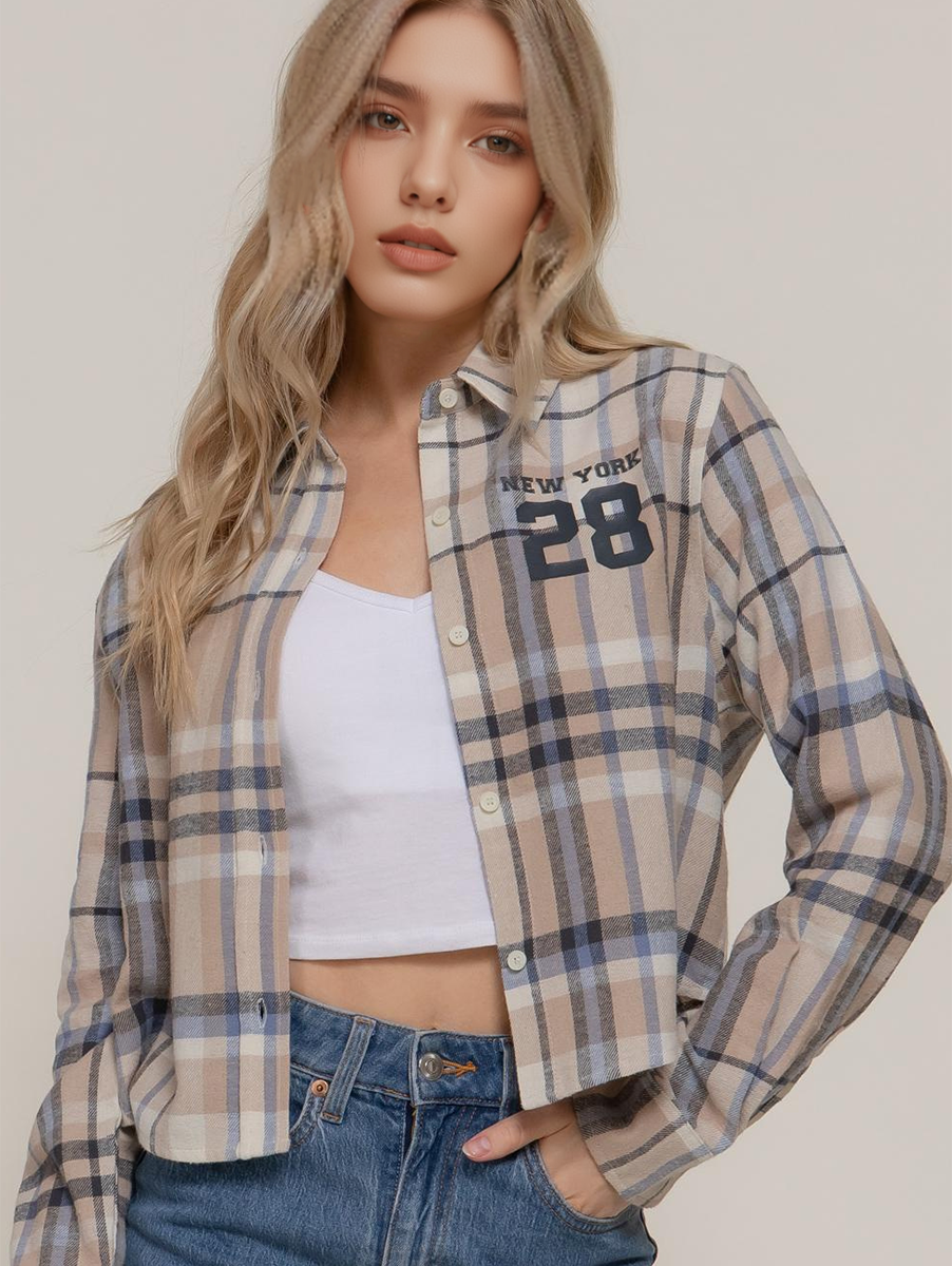 0913 Button Down Print Detail Plaid Shirt SI-28292