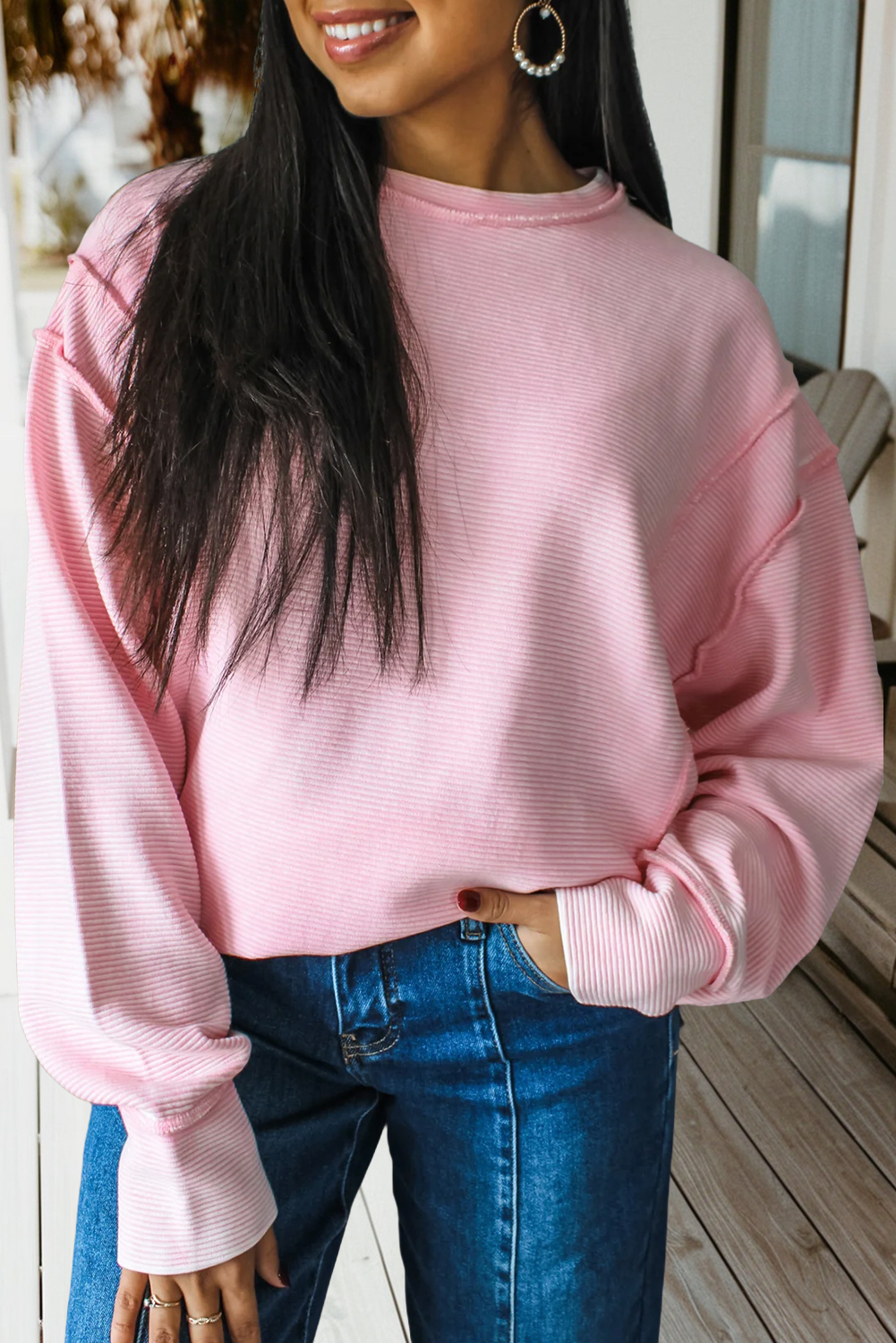 Ribbed Exposed Seam Detail Drop Shoulder Pullover (S-Xl)
