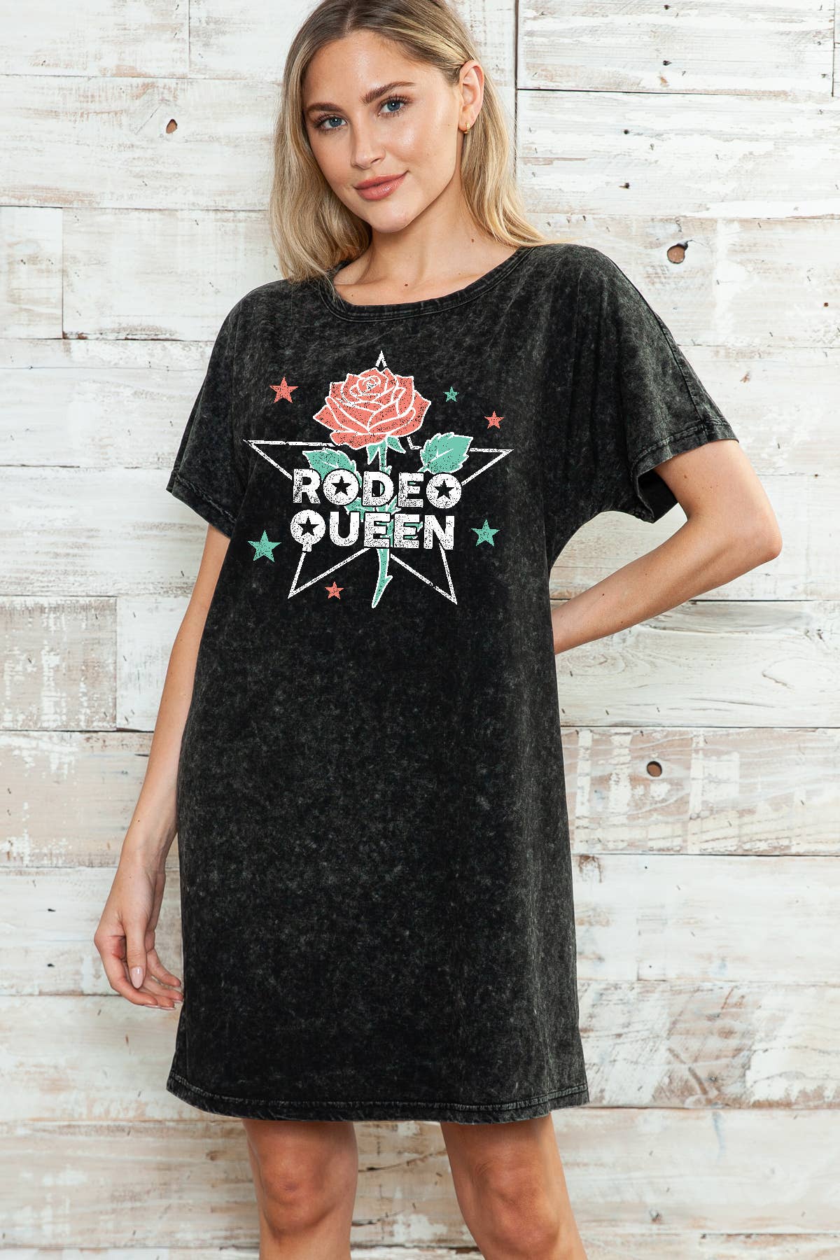 Women Rodeo Graphic Print Mineral Wash Tunic Dress