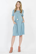 `.Short Sleeve Flared Dress with Side Pockets