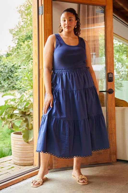 Plus Size Sleeveless Knit Tank Poplin Skirt Mixed Media Dres