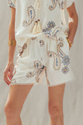 Paisley Embroidered Linen Blend Shorts