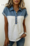 Color Block Denim Patchwork Plus Size Polo Collar Top (S-4X)