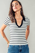 Ribbed Stripe V-Neck Knit Top