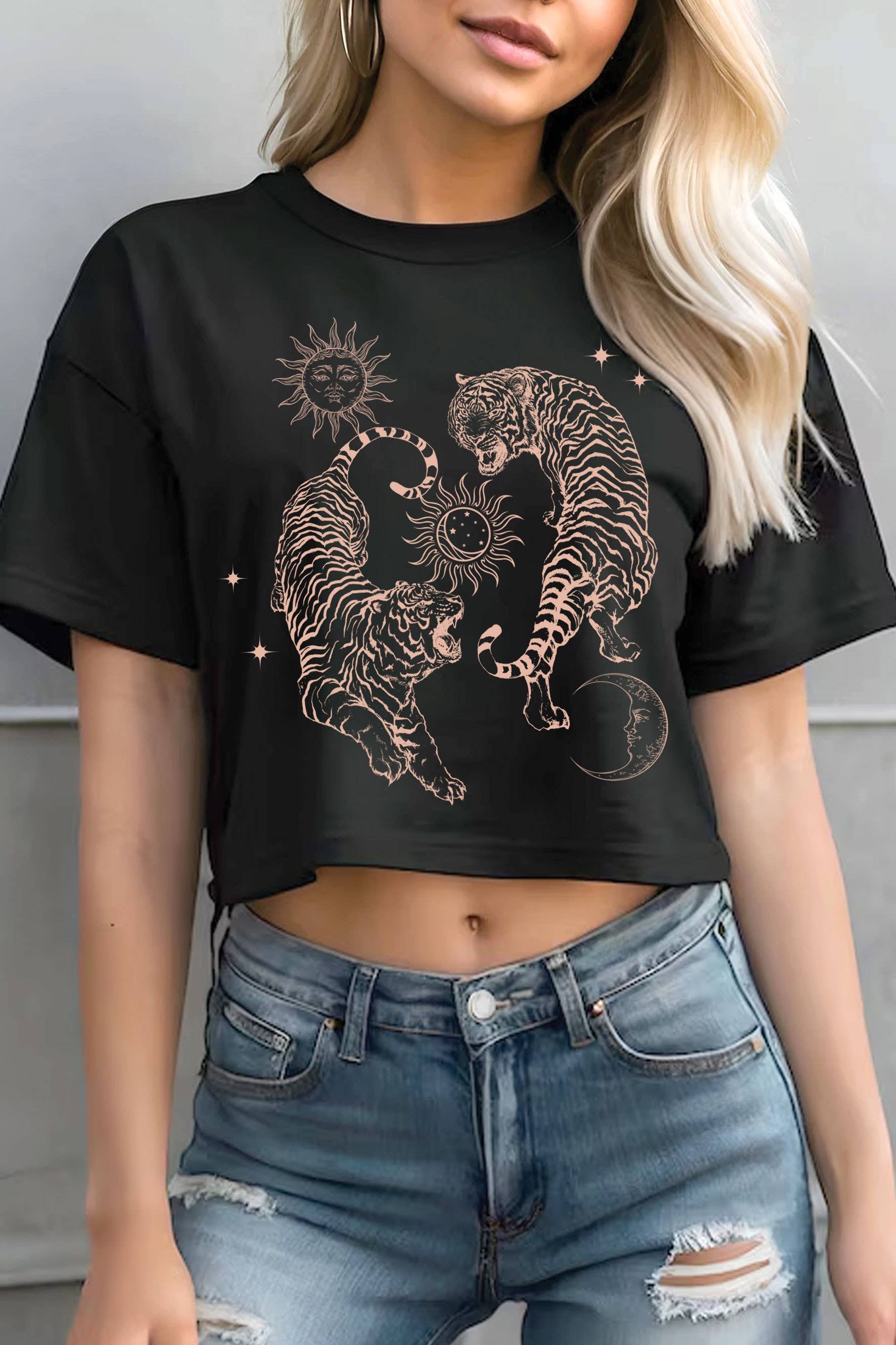 Sun and Moon Tiger Graphic Short Crop Top