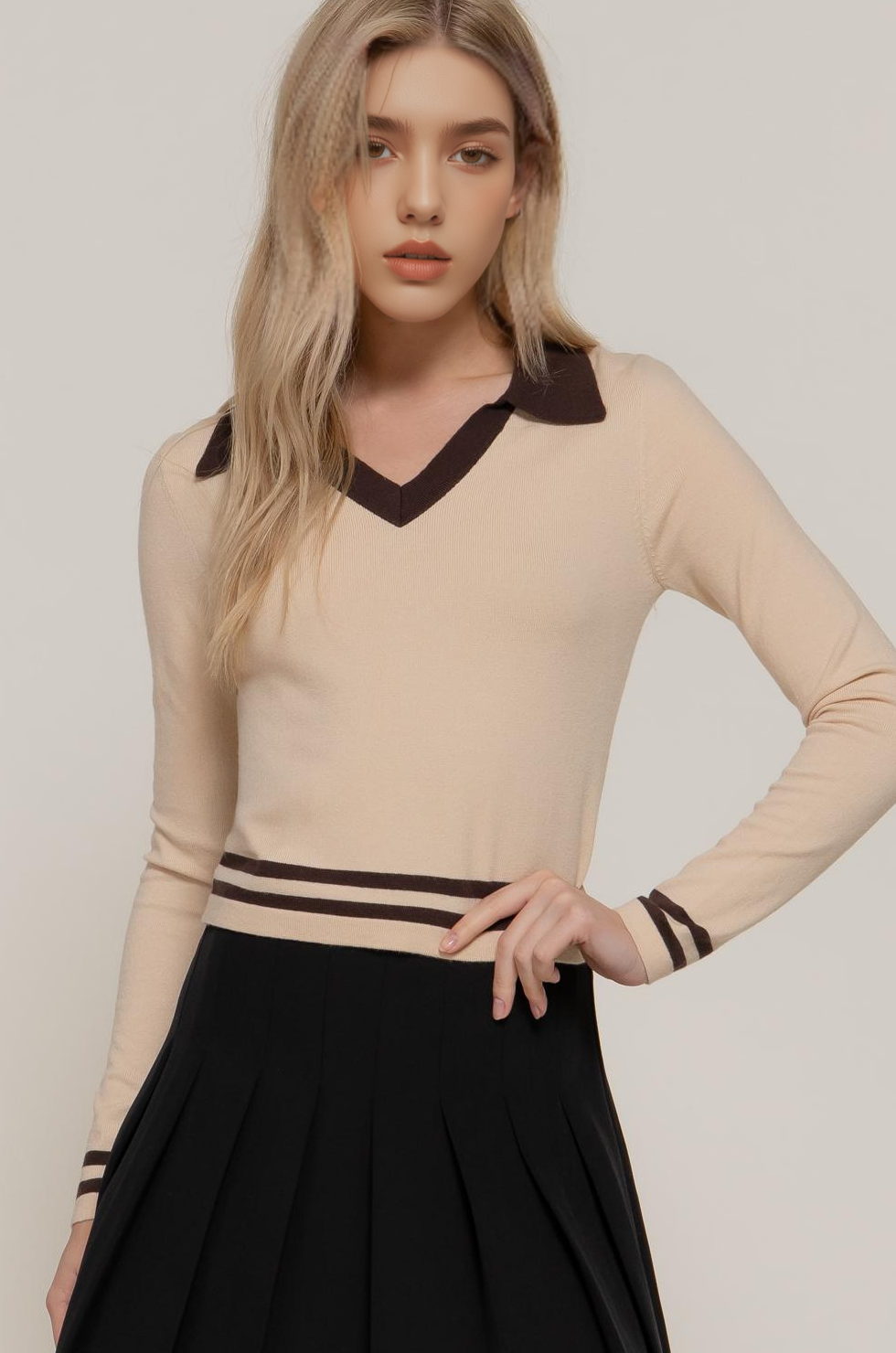 0926 Long Sleeve Stripe Polo Sweater SI-28365