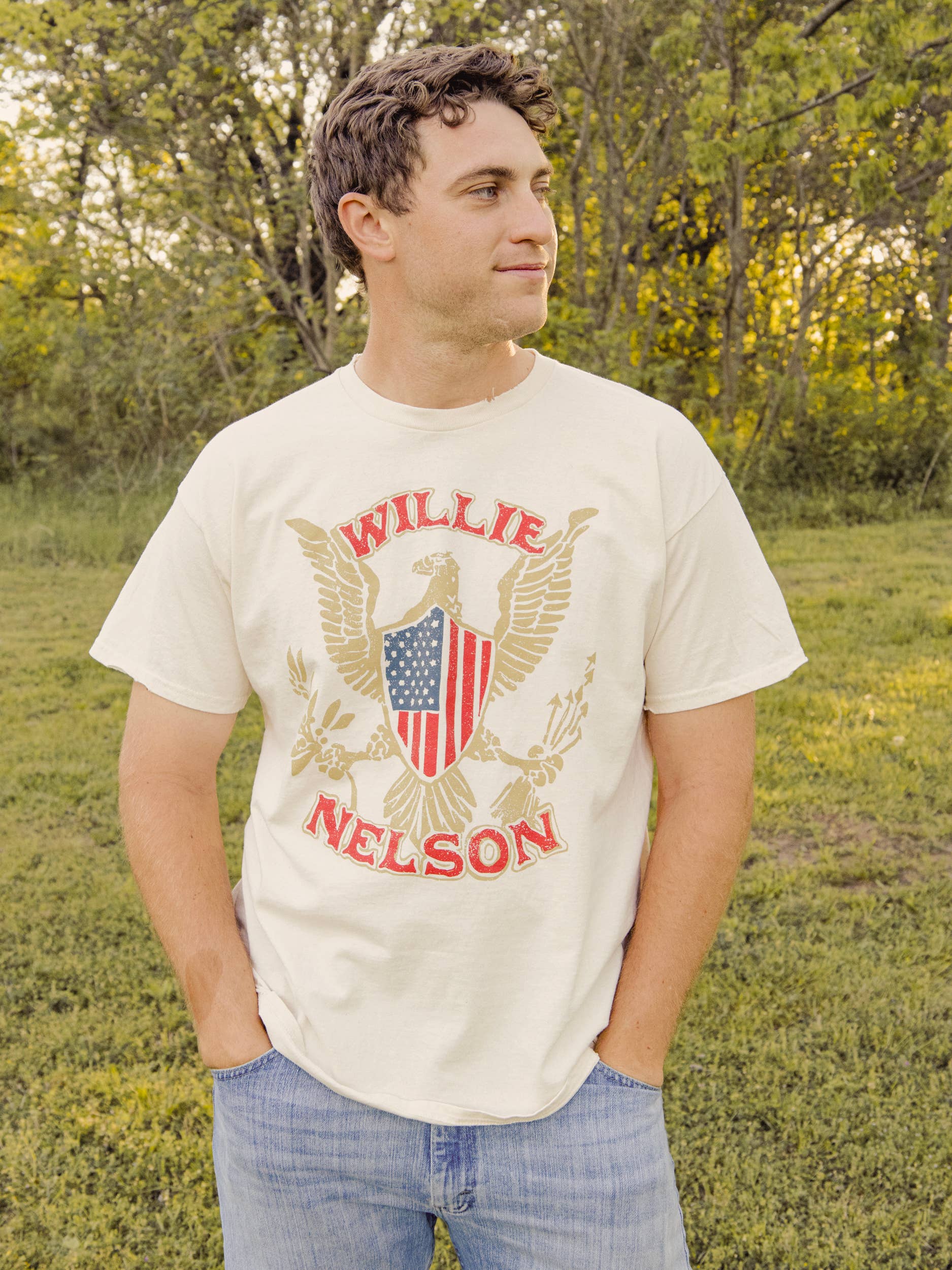 Willie Nelson Eagle Shield Off White Thrifted Graphic Tee