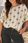 Bow Print Striped Round Neck Puff Short Sleeve Top (S-Xl)