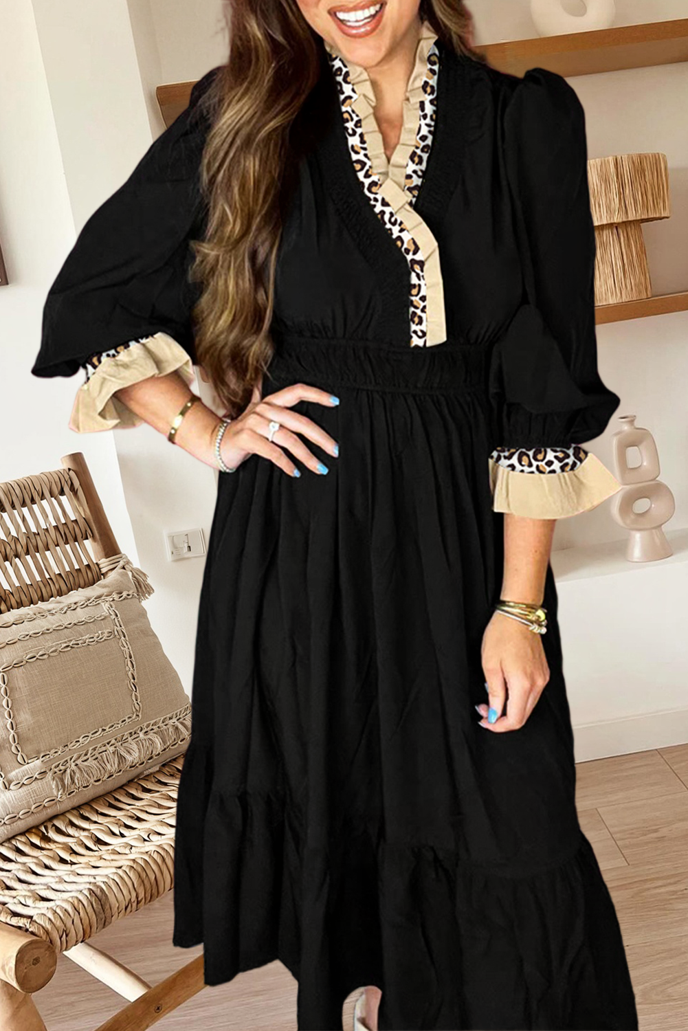 Leopard Frilled Trim V Neck Bracelet Sleeve Dress (S-Xl)
