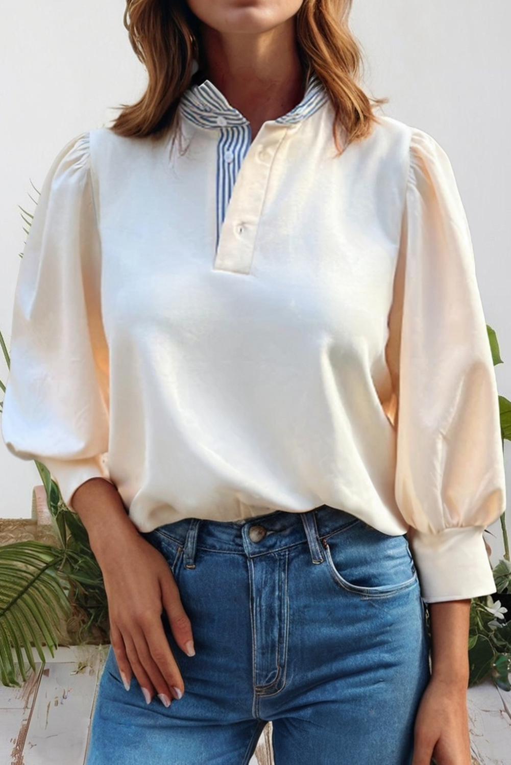 Striped Ruffle Button Neck Pullover Sweatshirt (S-Xl)