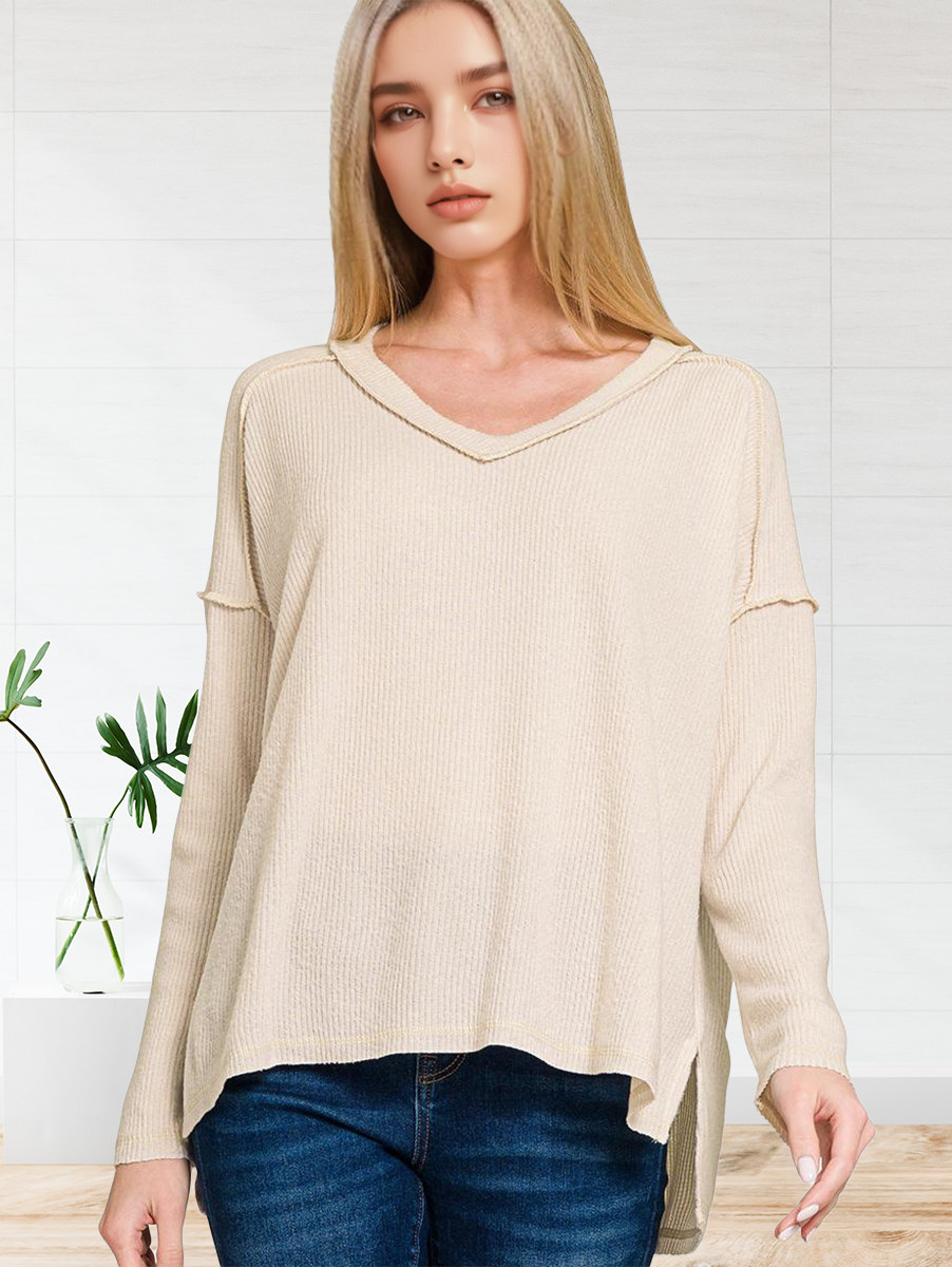 ..SI-27140 Brushed Ribbed Hacci Drop Shoulder V Neck Sweater