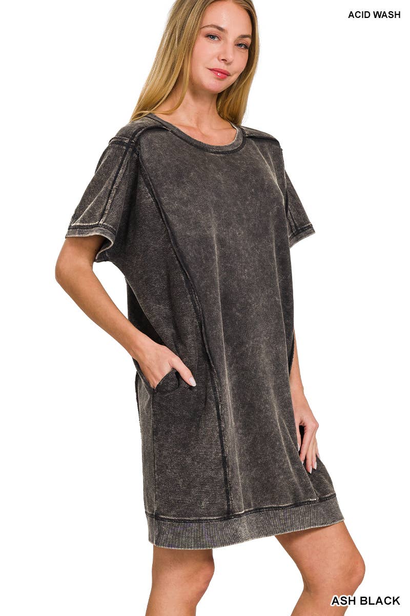 1217 French Terry Acid Wash Short Sleeve Dress w/ Pockets SI-2597