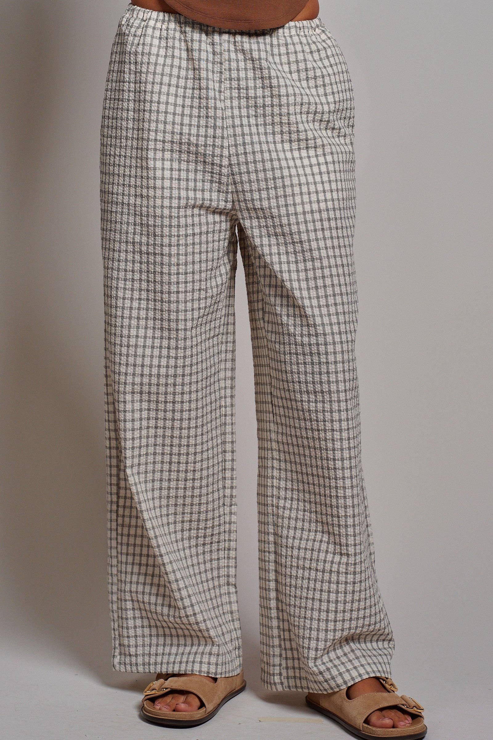 Cotton Check Wide Leg Pants Elastic Waist