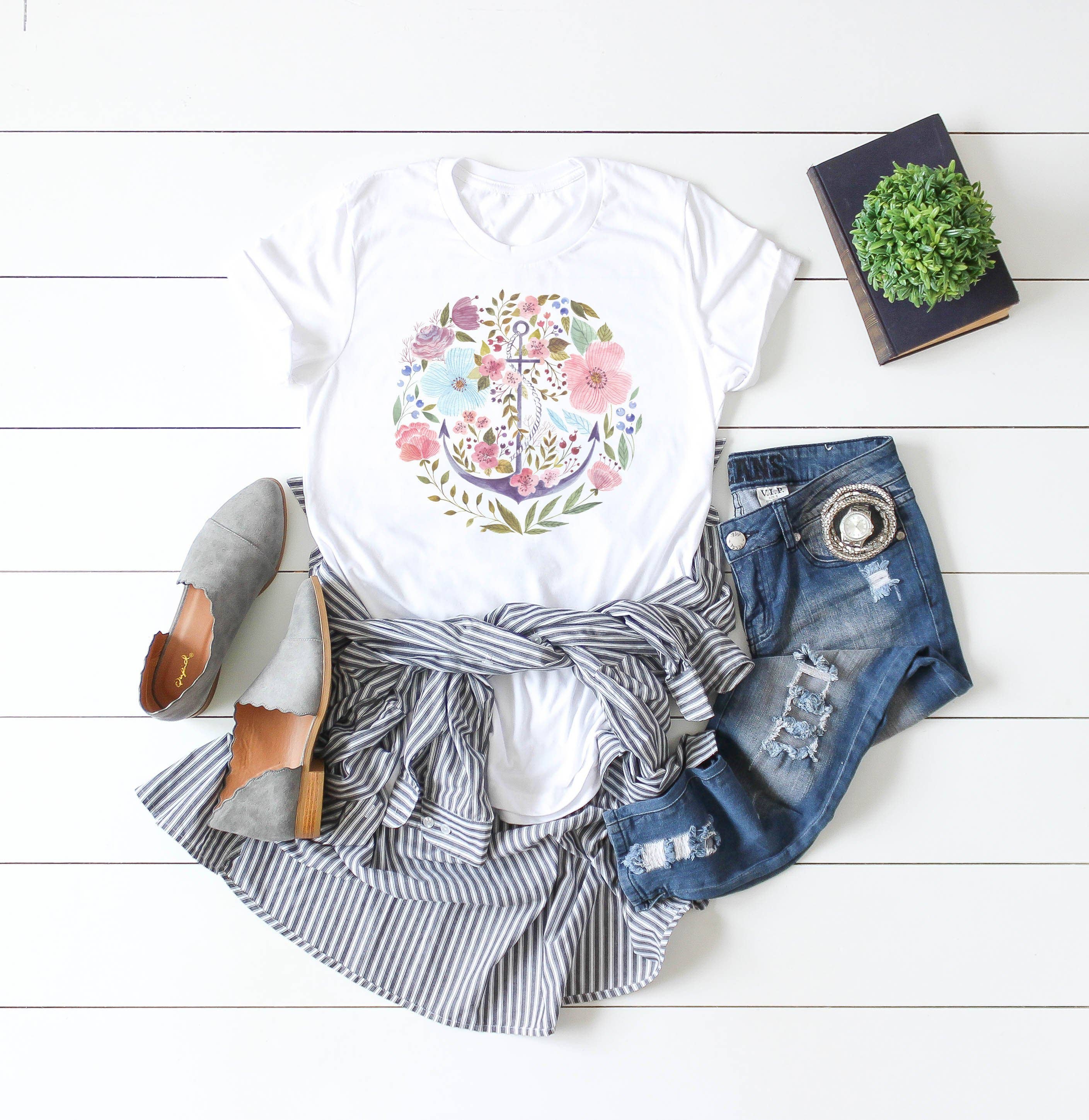 Floral Watercolor Anchor | Summer Short Sleeve Graphic Tee