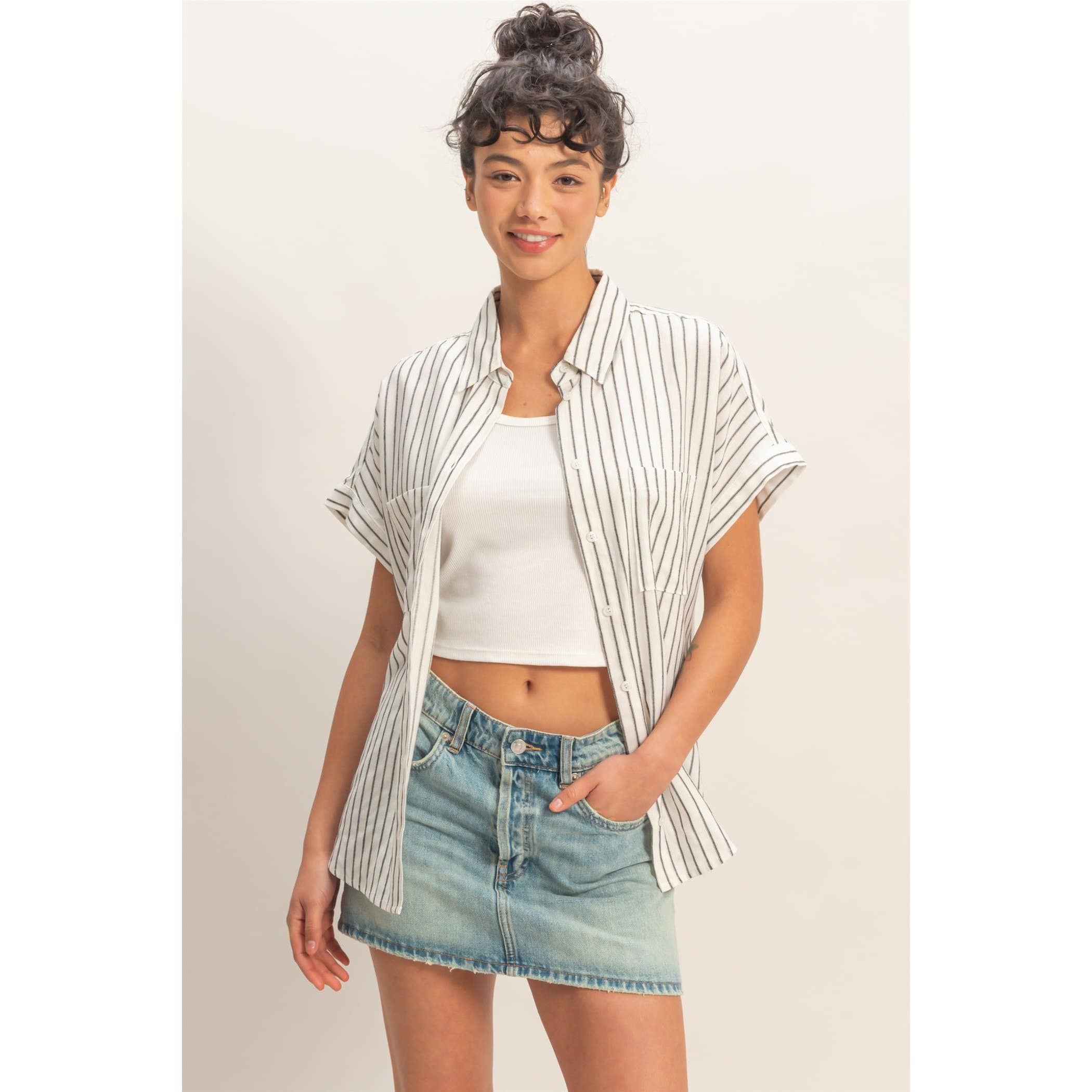 Striped Button-Up Dolman Sleeve Shirt