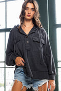 T2015-1 Button Up Solid Knit Hoodie with Tunnel Hem