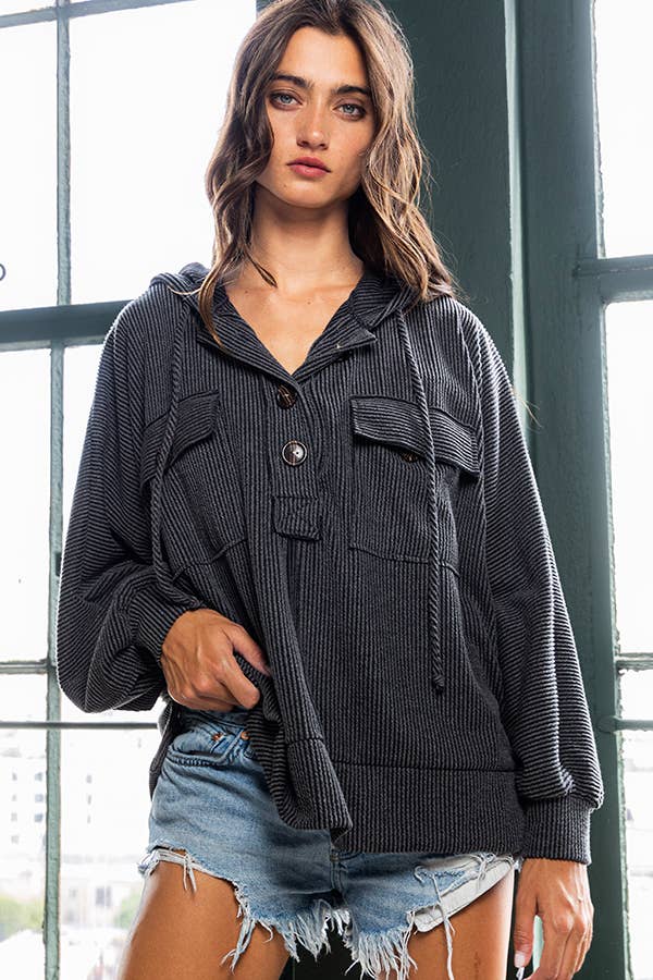 T2015-1 Button Up Solid Knit Hoodie with Tunnel Hem