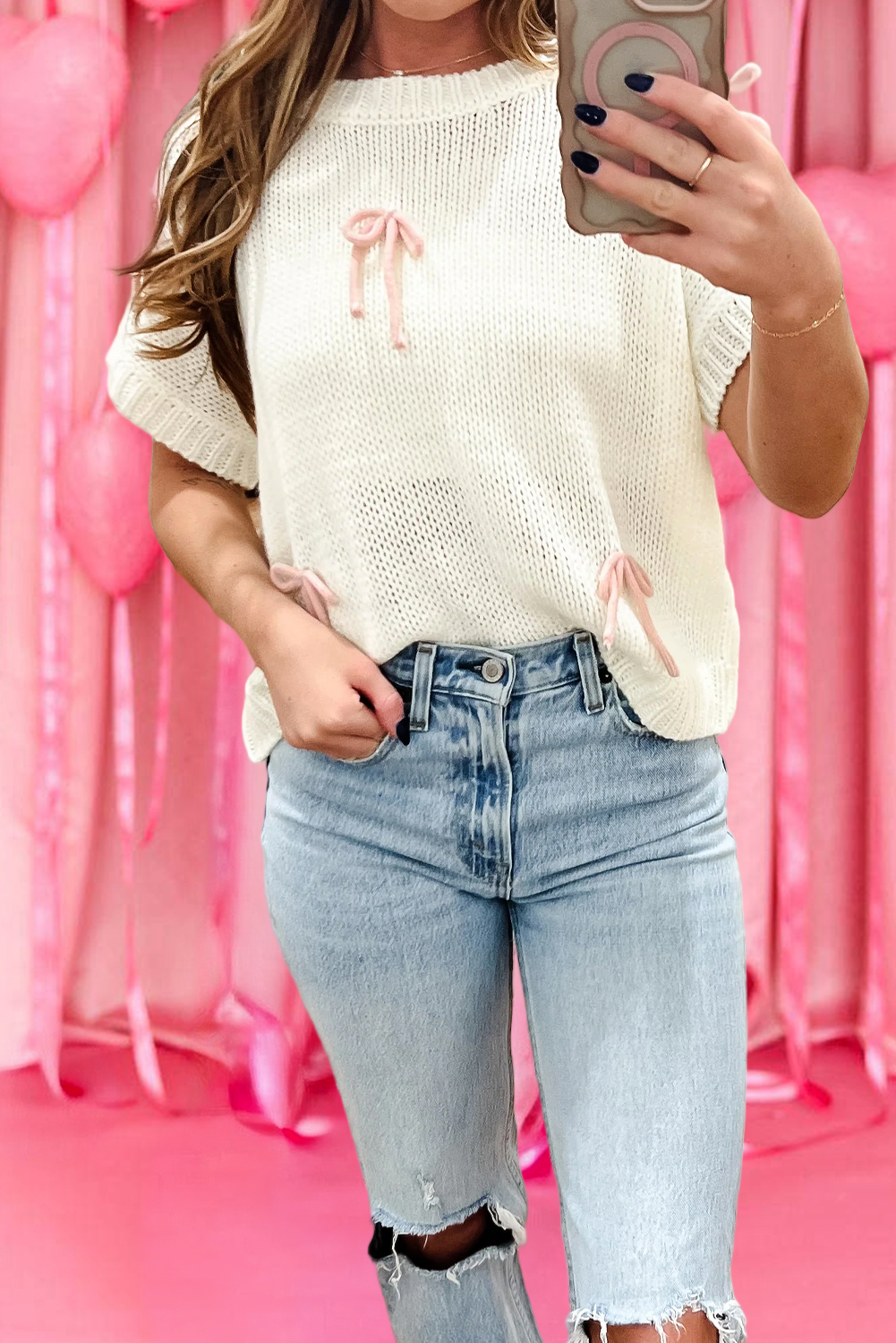 Short Sleeve Knit Contrast Bow Knot Loose Sweater (S-Xl)
