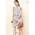 /Size Xl/ Sleeveless Blue Print Tiered Dress with Ruffle Det