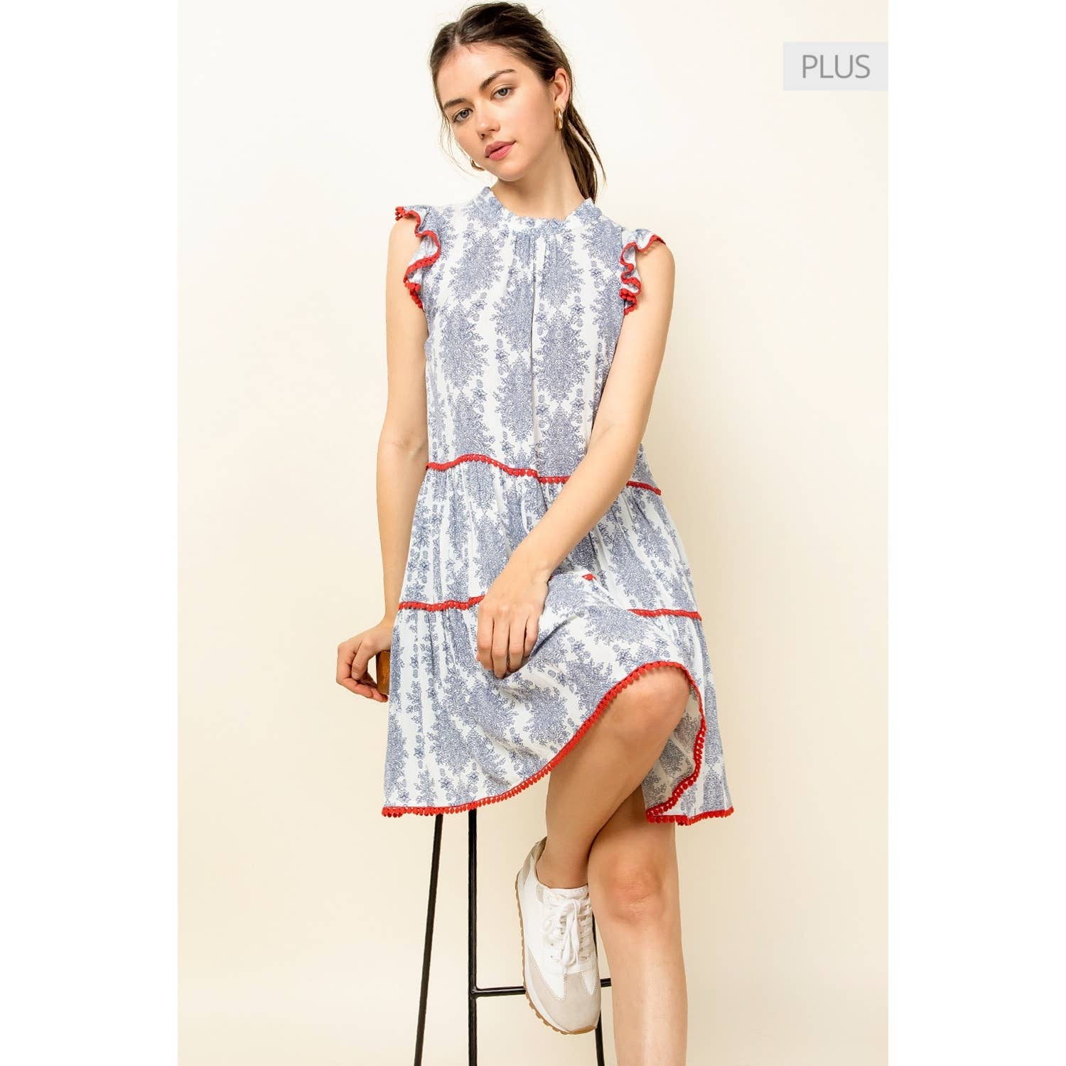 /Size Xl/ Sleeveless Blue Print Tiered Dress with Ruffle Det