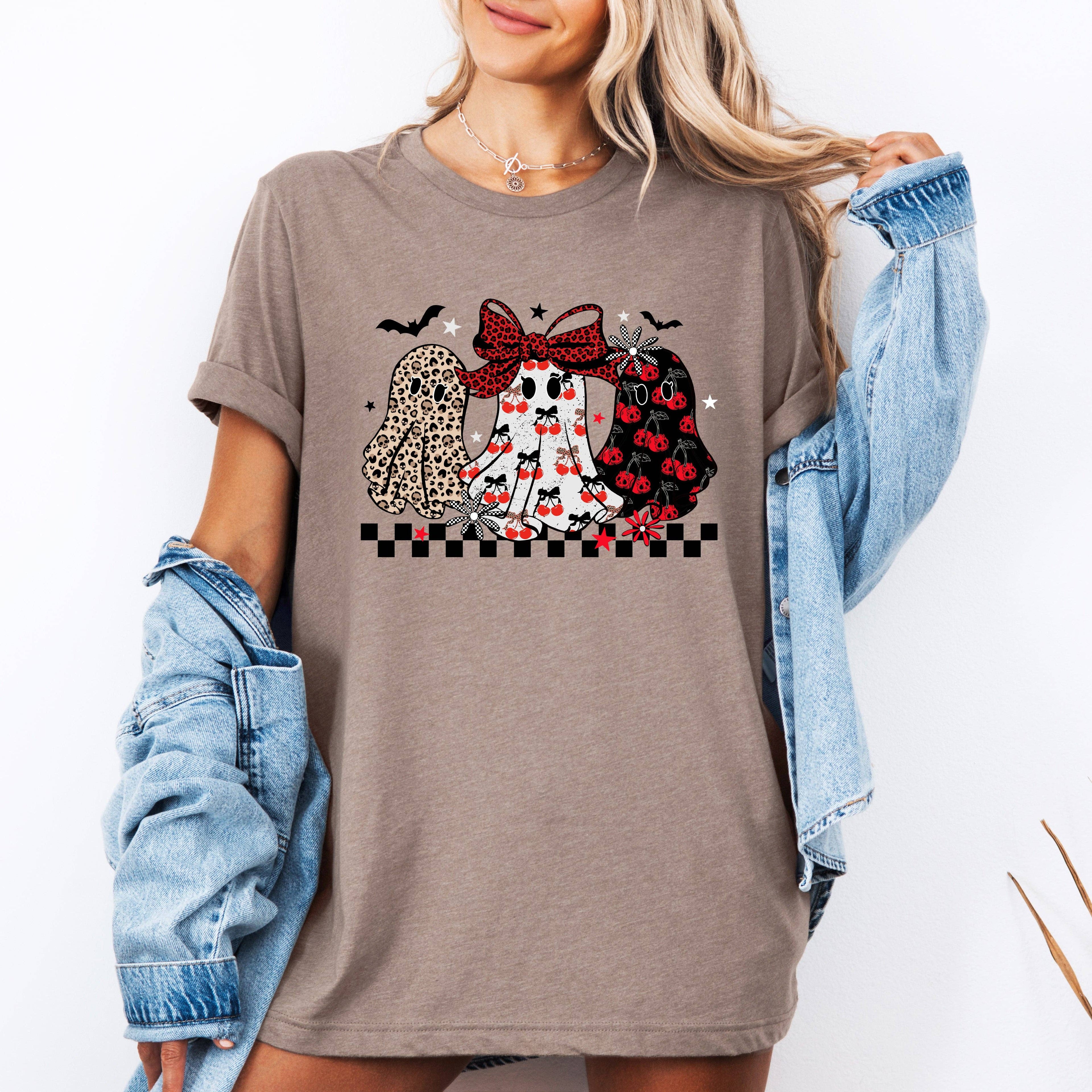 Retro Halloween Ghosts, Checkered, Pattern, Tshirt