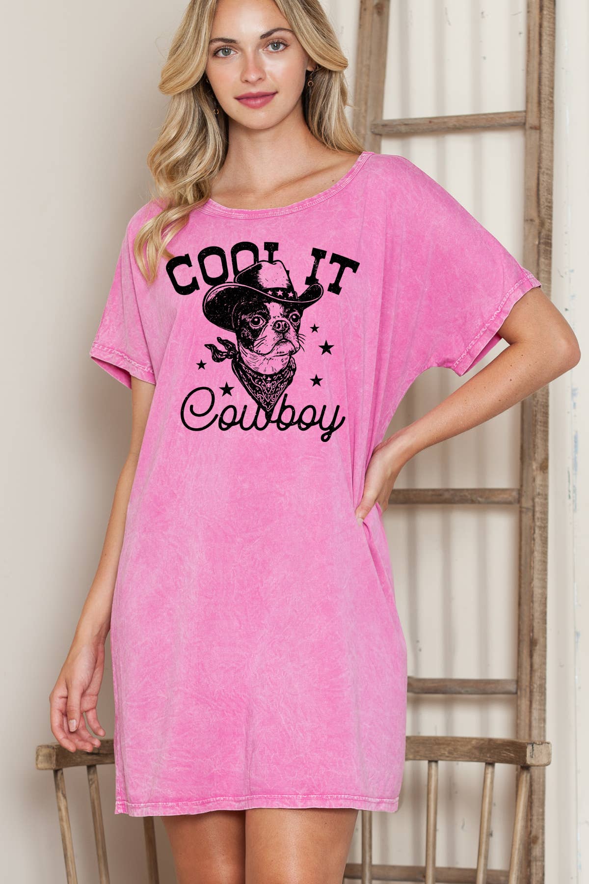 Women Dog Cowboy Graphic Print Mineral Wash Dress
