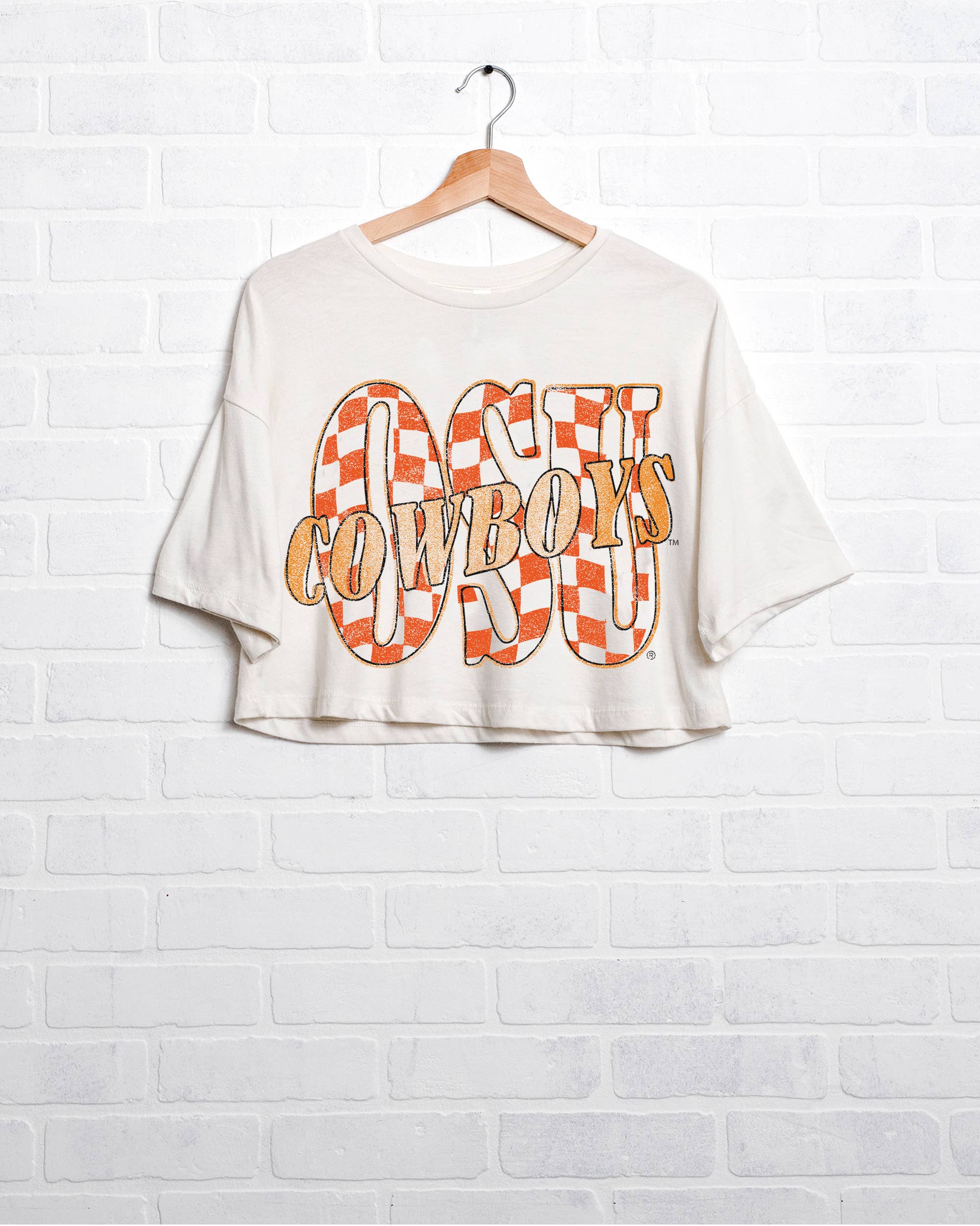 Osu Cowboys Twisted Check Off White Cropped Tee