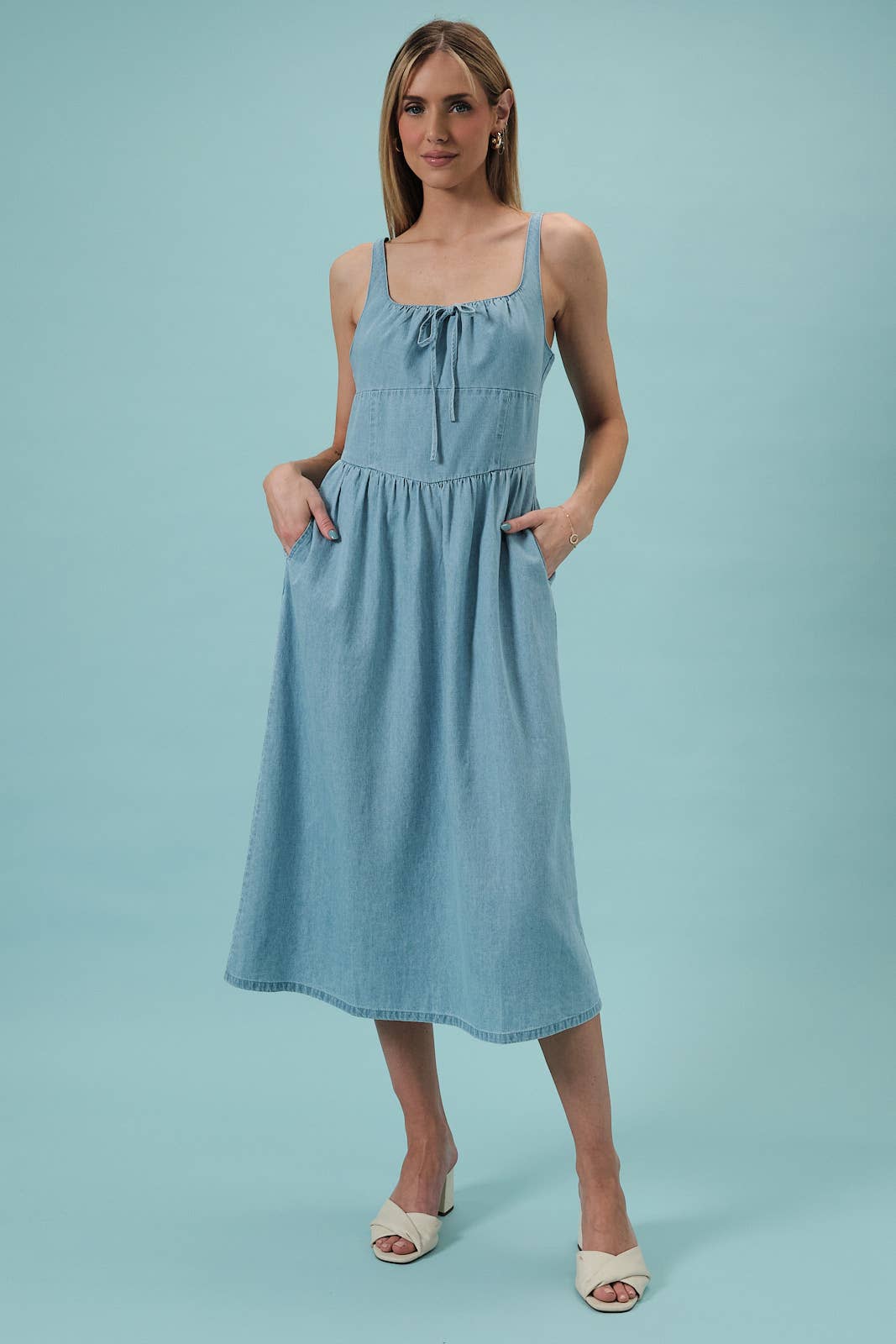 Square Neck Sleeveless Fit & Flare Denim Midi Dress