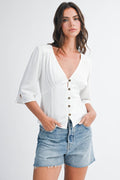 8635HK Button Front V Neck Blouse with Waist Tie