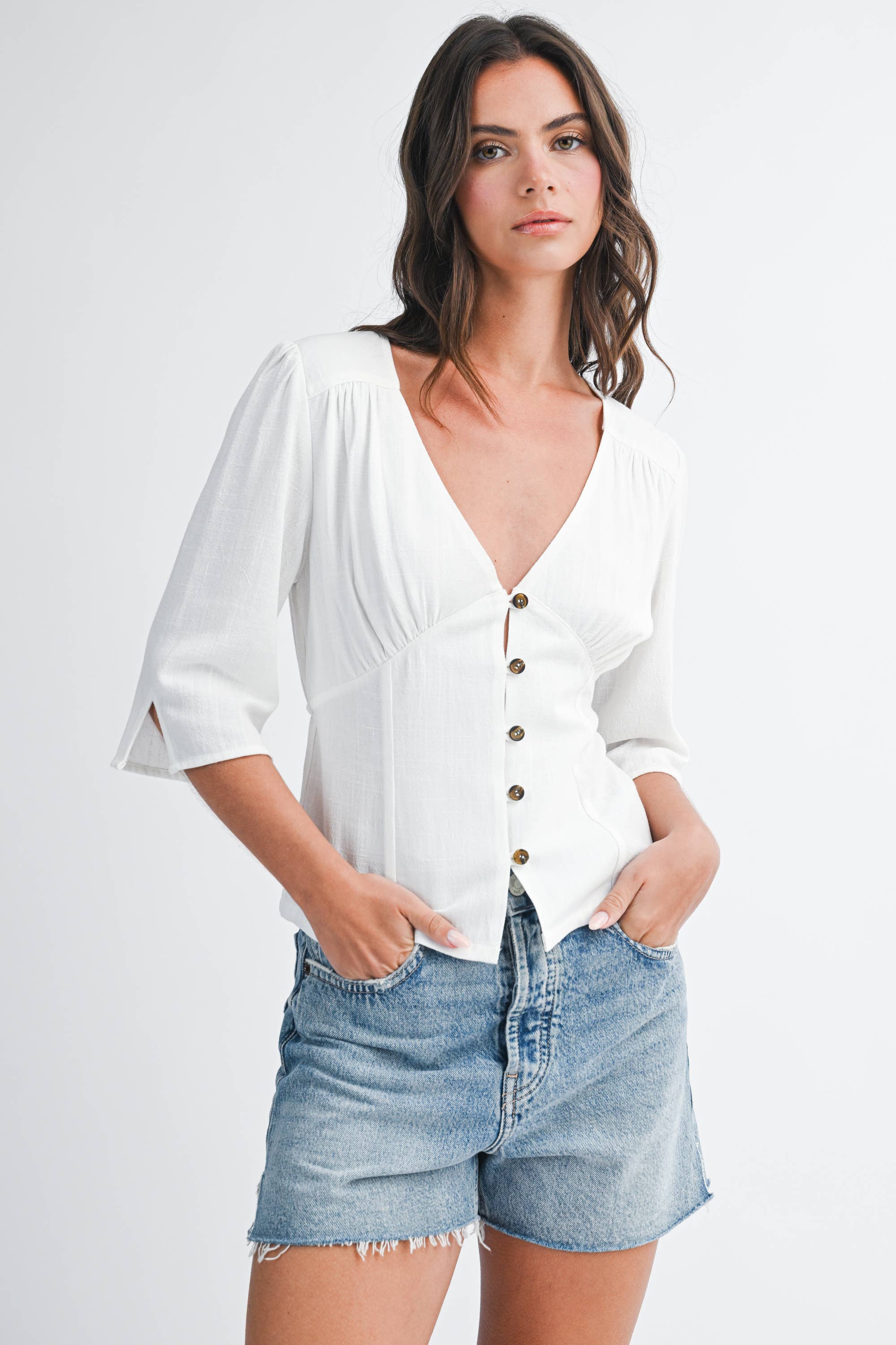 8635HK Button Front V Neck Blouse with Waist Tie