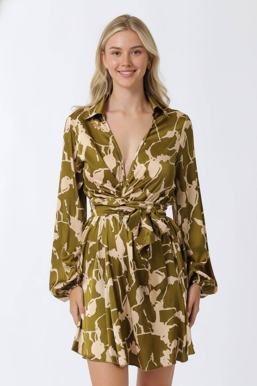 1020 Tie Front Waisted Fall Print Dress SI-28801