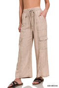 ', Washed Linen Elastic Band Waist Cargo Pants