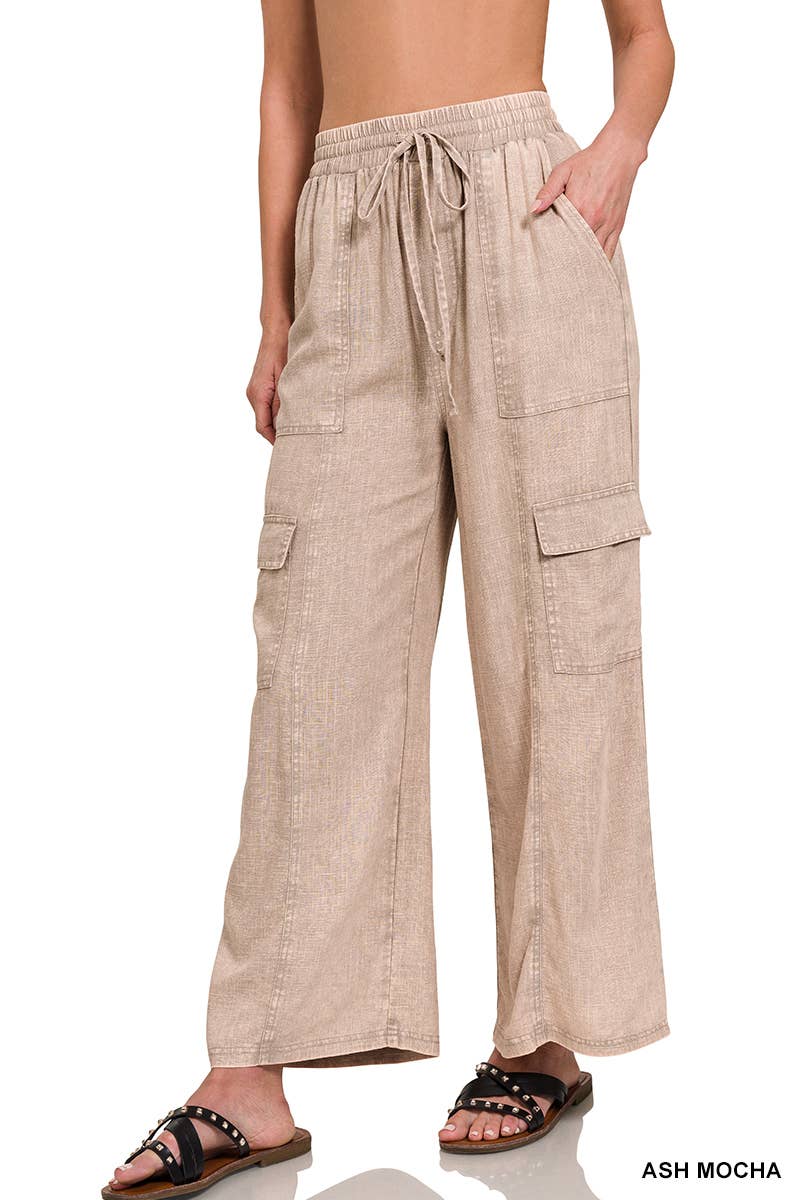 ', Washed Linen Elastic Band Waist Cargo Pants