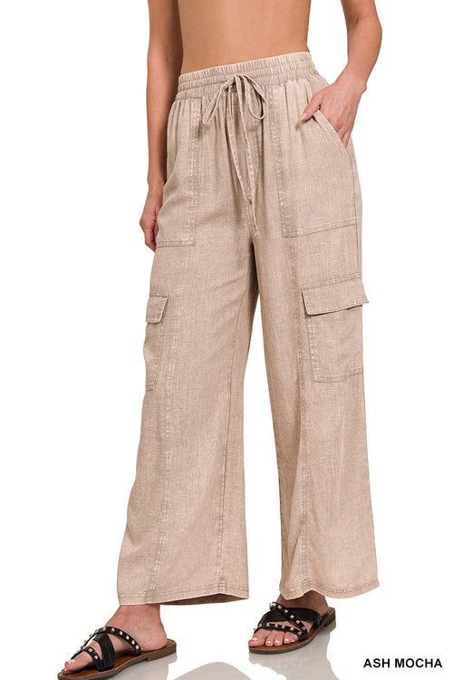 ', Washed Linen Elastic Band Waist Cargo Pants