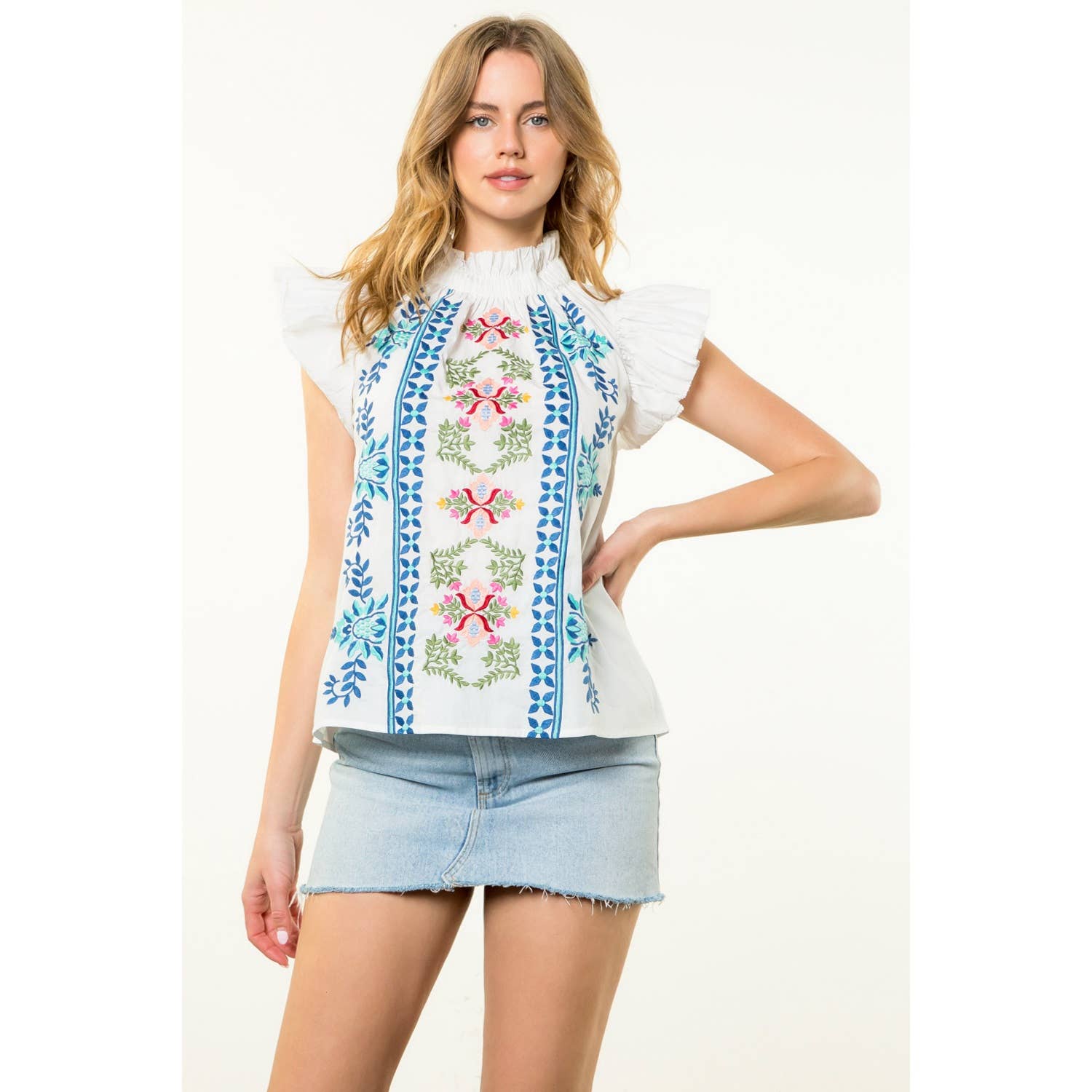 Embroidered Flutter Sleeve Panel Top
