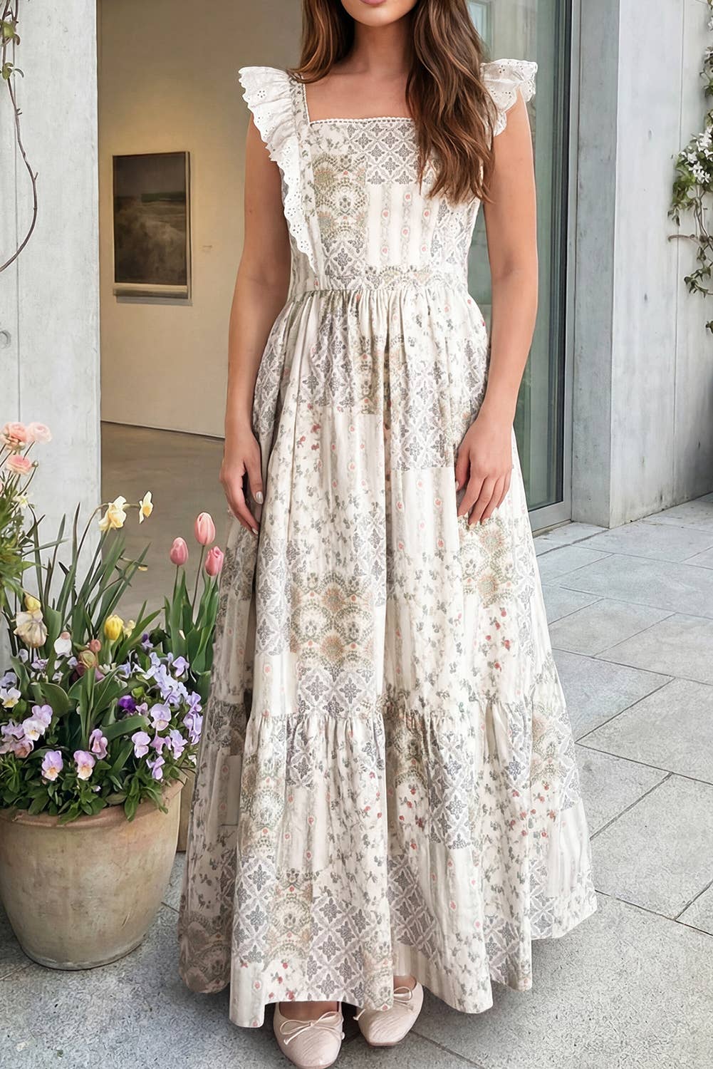 Patchwork Floral Print Ruffle Lace Trim Dress (S-Xl)