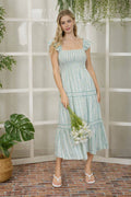 Stripe Floral Pattern Smocked Tiered Midi Dress