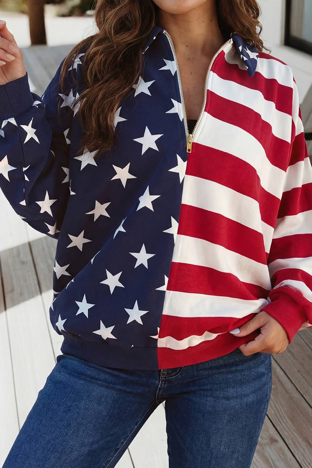 Stars Stripes American Flag Zipped Collar Sweatshirt (S-Xl)