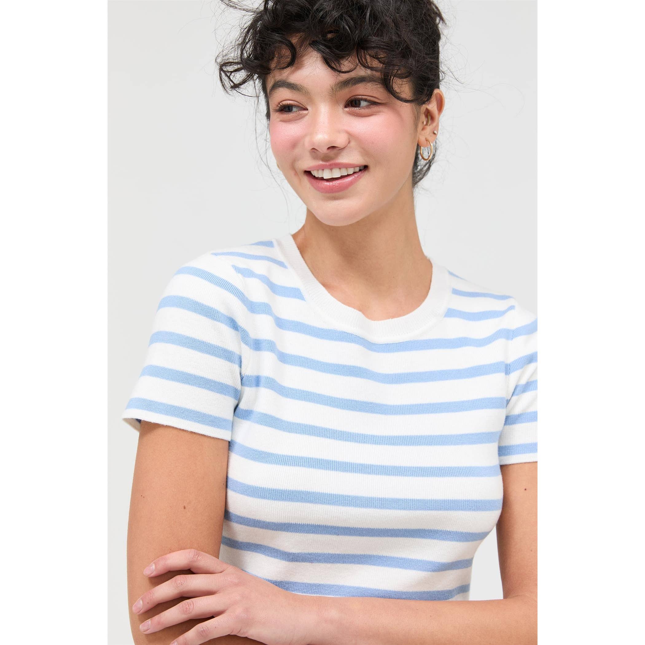 Striped and Knit Crew Neck Crop Top