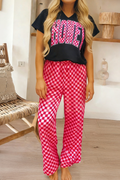 Plaid V Neck Honey Tee Contrasted Checkered Pant Set (S-Xl)