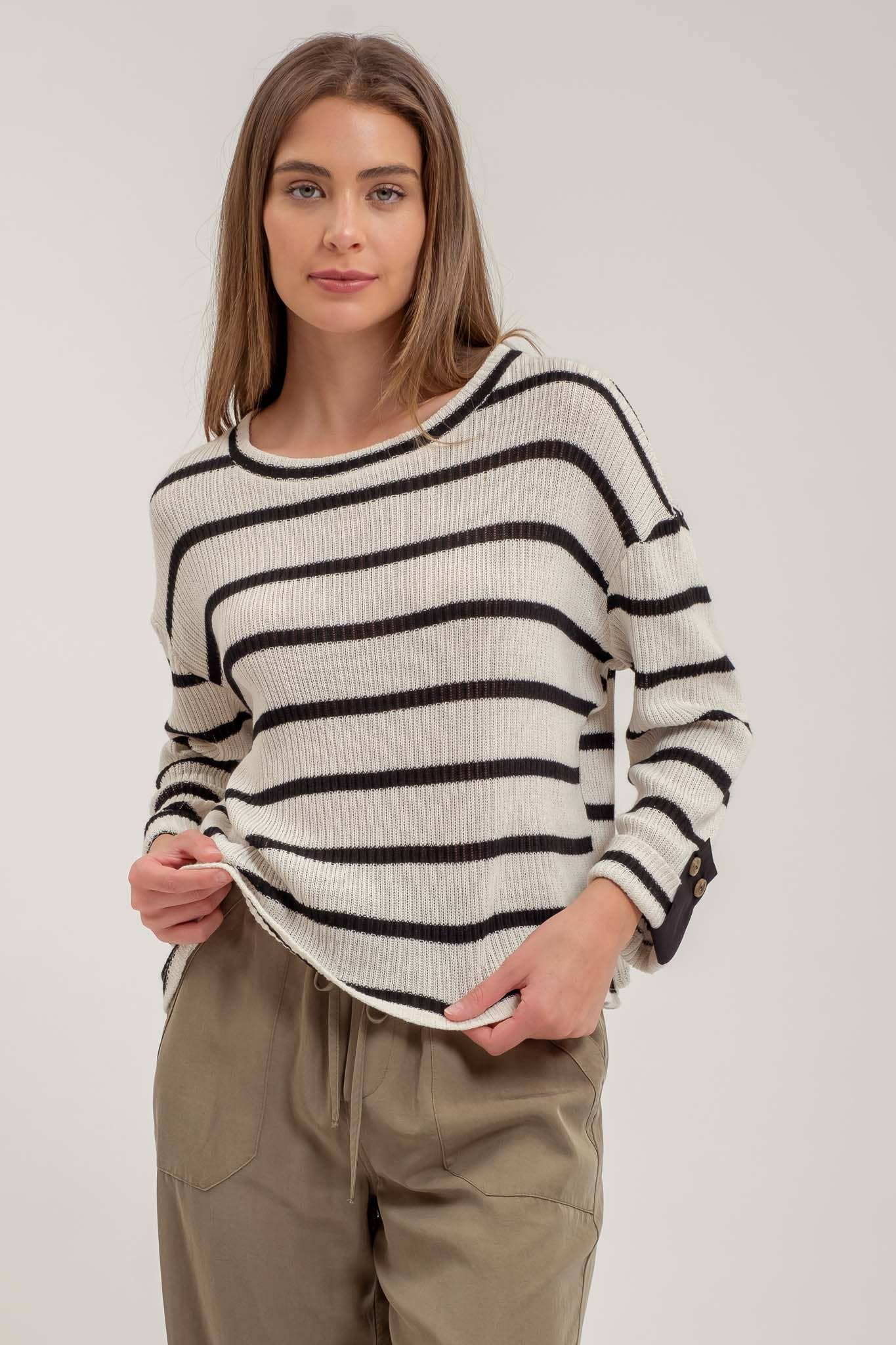 Stripe Relaxed 3/4 Cuffed Sleeve Knit Top