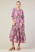 Long Sleeve Printed Split Neck Tiered Maxi Dress