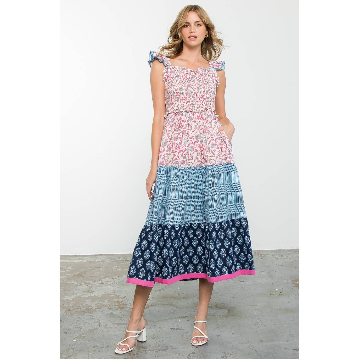 Smocked Detail Flower Print Dress