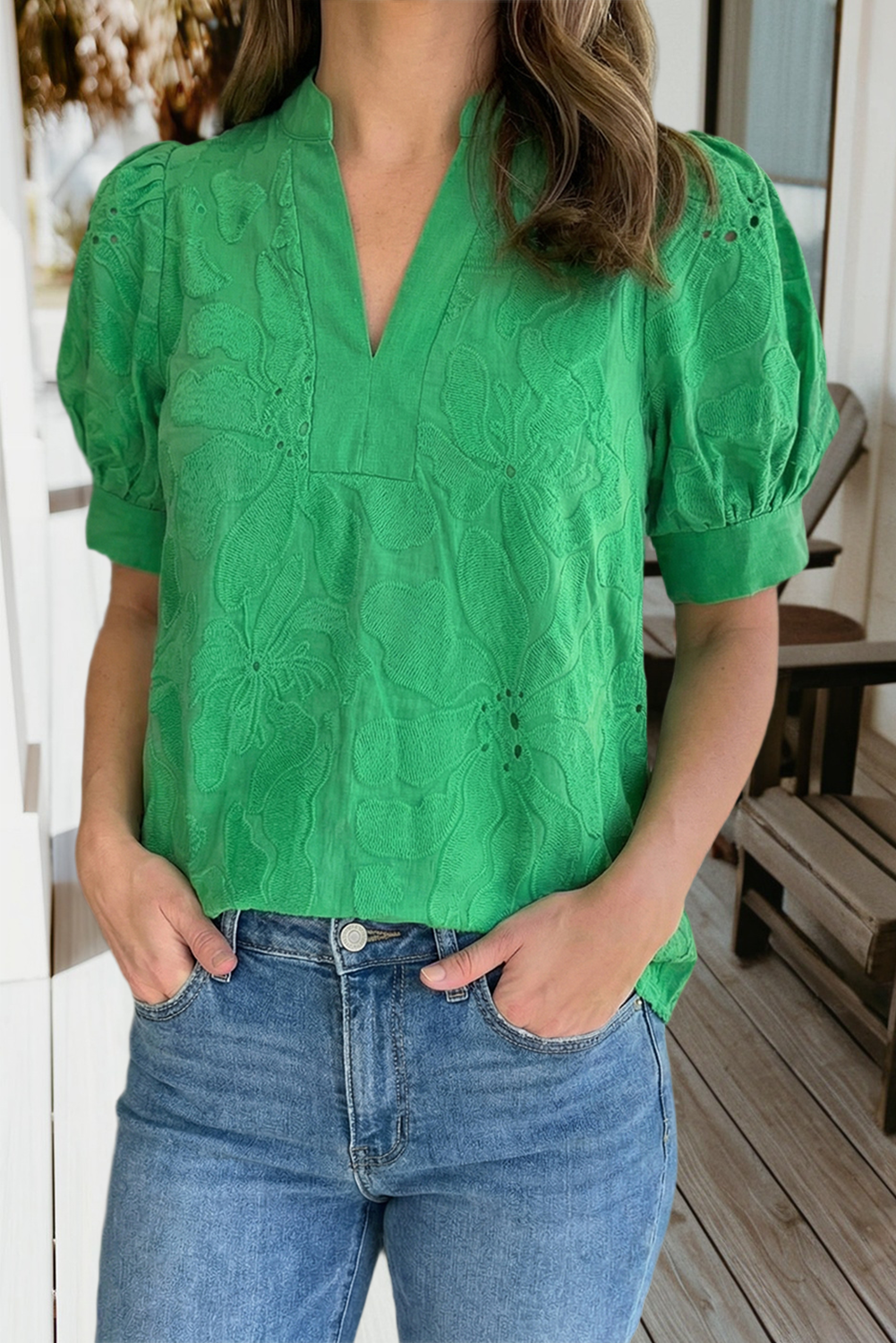 Solid Color Flower Embroidered Eyelet V Neck Blouse (S-Xl)