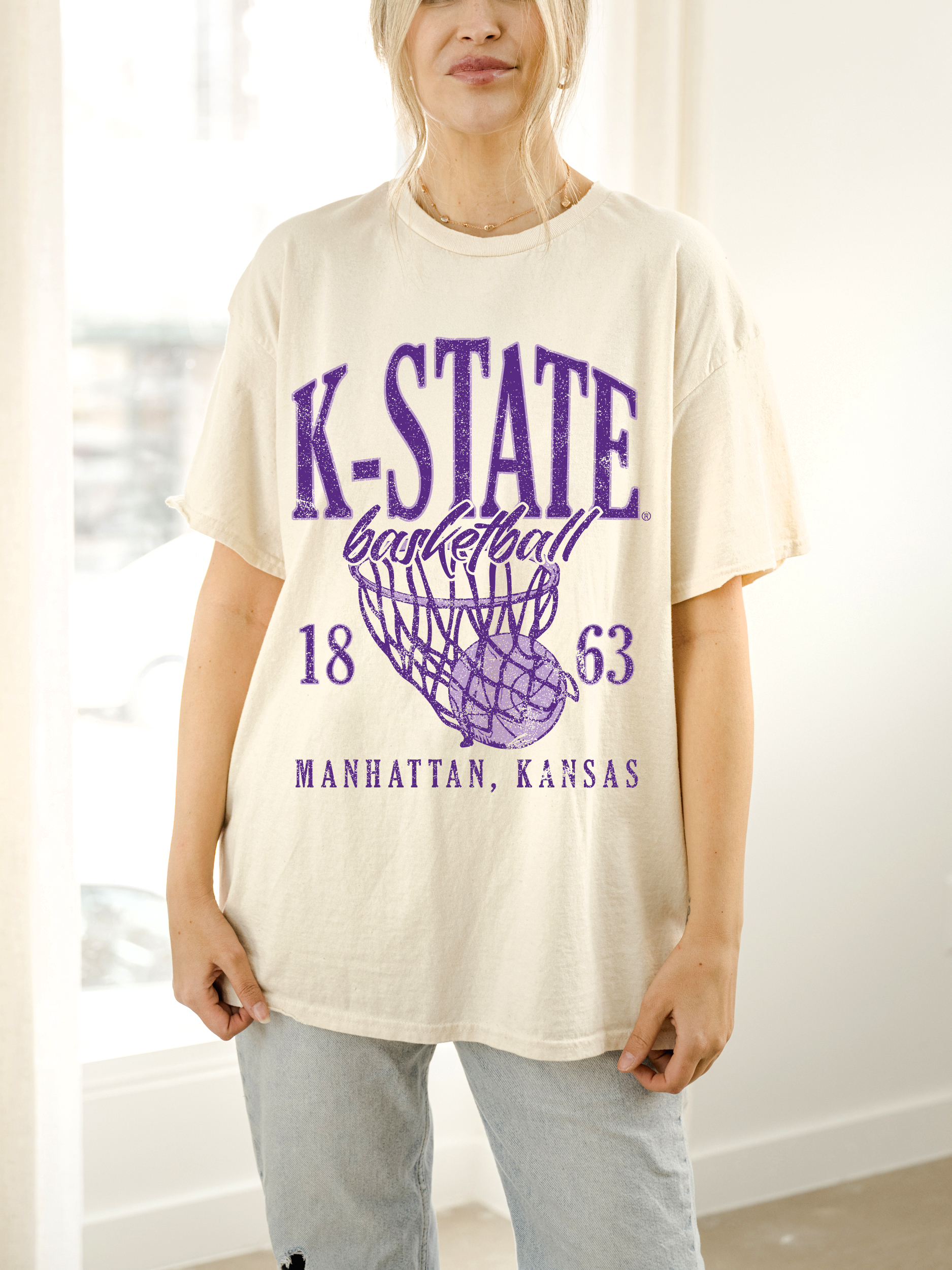 Kansas State Wildcats Big Basketball Off White Thrifted Tee