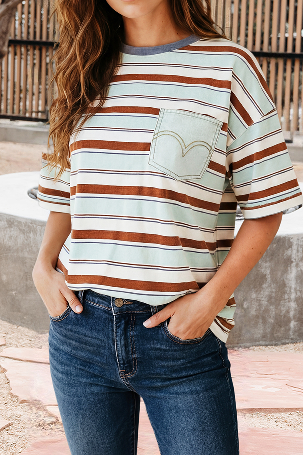 Multi-Stripe Short Sleeve Top with Chest Pocket (S-Xl)