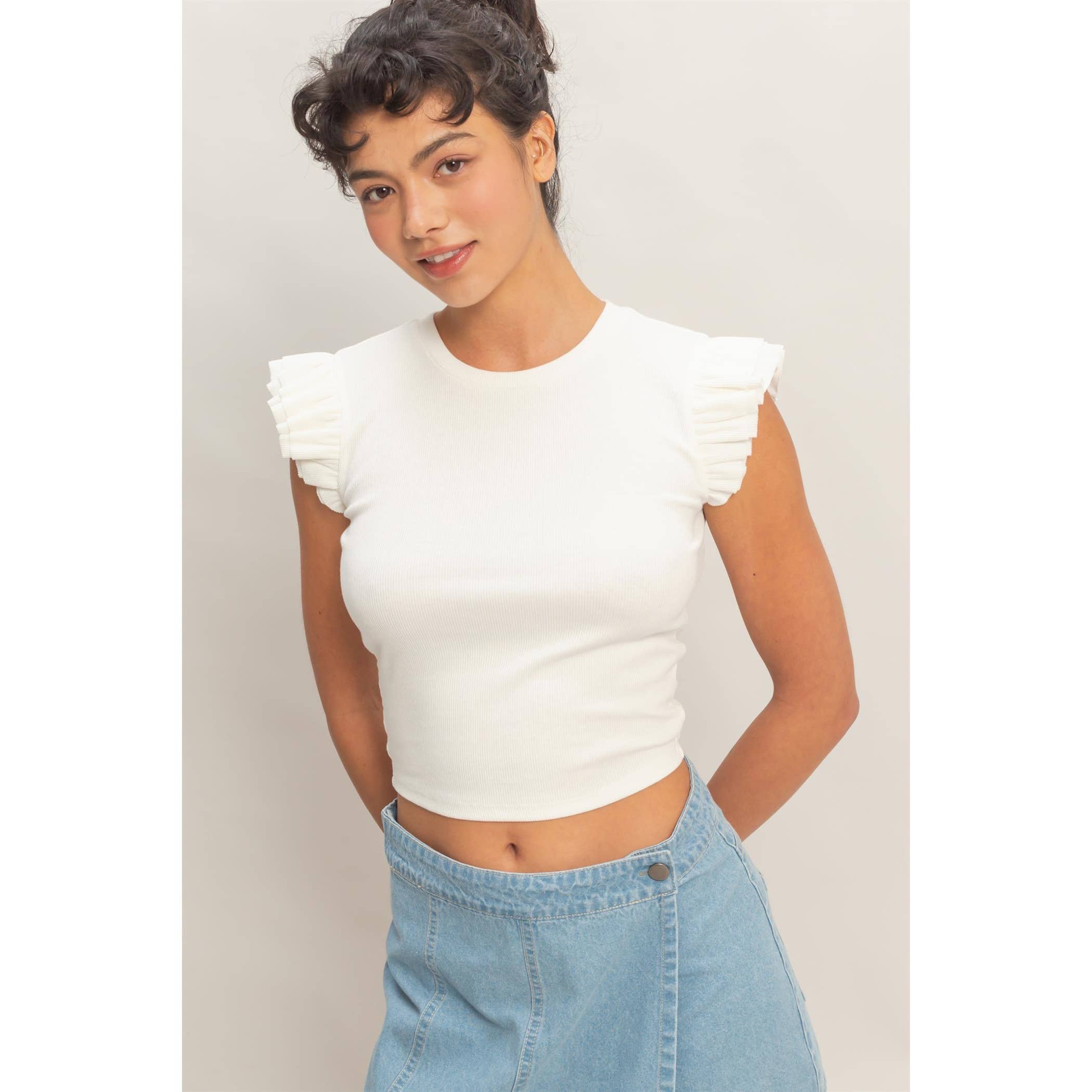 Flutter Sleeve Ribbed Cropped Top