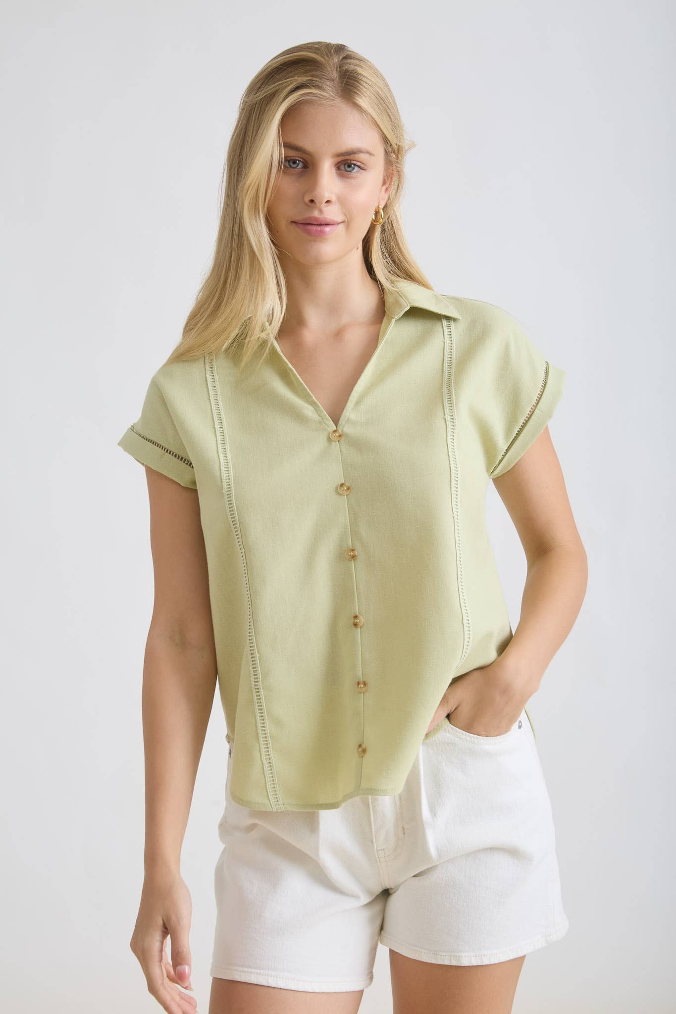 Collared V Neck Button Down Line Lace Detail Shirt