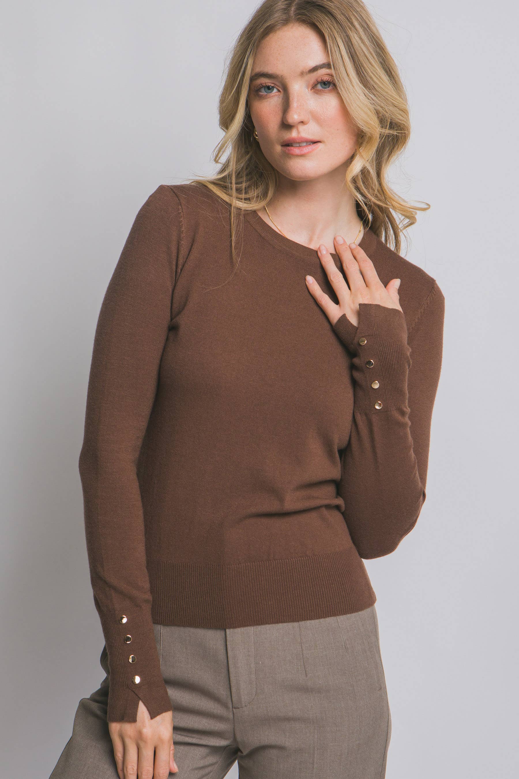 0807 Fitted Golden Button Sleeve Sweater SI-28557